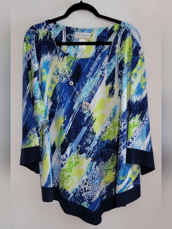 Alfred Dunner Tops - Alfred Dunner Blue, Lime & White Abstract Brushstroke Tunic w/ Necklace